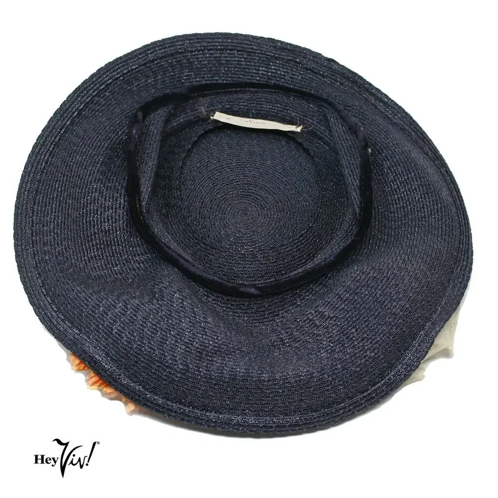 Vintage 40s Navy Blue Flower Platter Tilt Hat 12